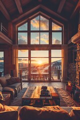 Luxurious mountain lodge interior, large windows, sunset view, wideangle, cozy and elegant