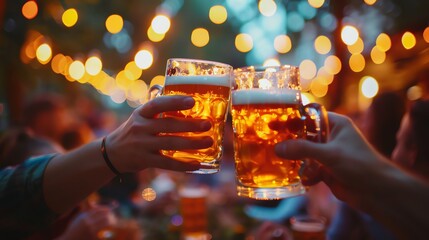 outdoor gathering, beer mugs clinking, festive lights, friends toasting, laughter and smiles, evening atmosphere, blurred background