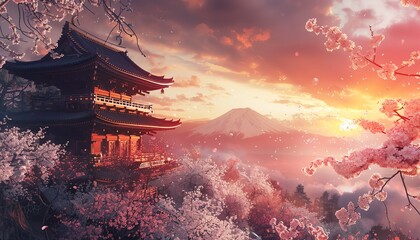 Obraz premium Traditional Japanese temple with cherry blossoms, sunset sky, wideangle, picturesque and tranquil
