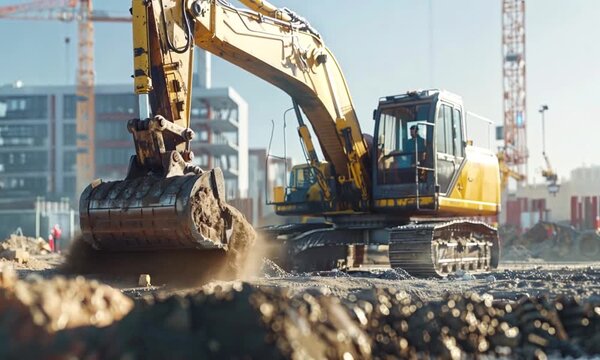 Excavator Bucket Digging on Construction Site at Dawn	
