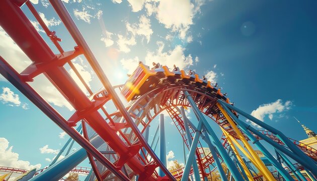 Vibrant roller coaster in an amusement park, bright sunny day, low angle, dynamic and thrilling atmosphere