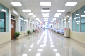 Fototapeta premium Blurred image of an empty hospital corridor with medical equipment and furniture