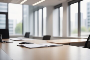 Blurred minimalist modern office interior with sleek desk ergonomic chair and large window