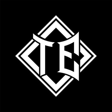 recommend clip art: TE Letter logo abstract shield shape with square white outline on black background template