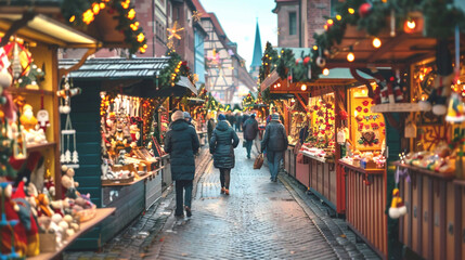 Obraz premium A bustling German Christmas market with colorful stalls selling handmade ornaments.