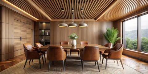 Fototapeta premium Elegant brown leather chairs surround a wooden dining table in a minimalist Scandinavian-inspired room with abstract wood-lined ceiling and panelled walls.