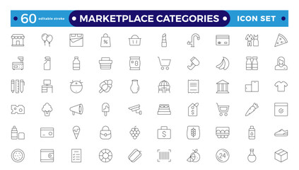 Marketplace Categories outline Icons set. Vector illustration in modern thin-line style of e-commerce-related icons: household goods, electronics and household appliances Editable stroke outline icon.