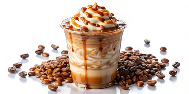Richly flavored iced caramel latte topped with whipped cream and caramel drizzle in a plastic cup with chocolate mocha splashes and coffee beans on white background.
