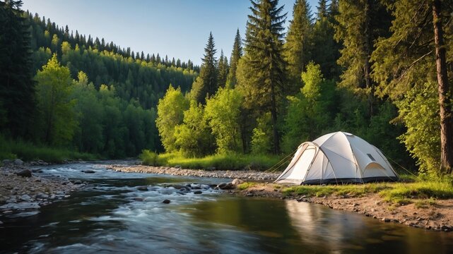 white tent for camping on a river forest background