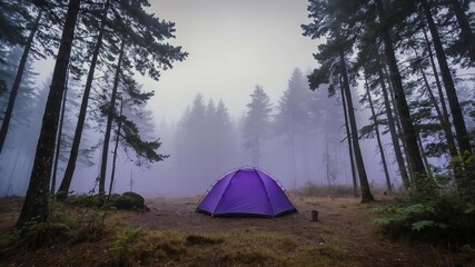 purple tent for camping on a foggy forest background