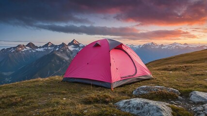 Obraz premium pink tent for camping on a high mountain background