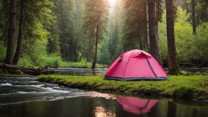 pink tent for camping on a river forest background