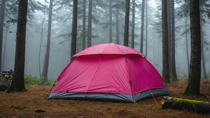 pink tent for camping on a foggy forest background