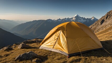 gold tent for camping on a high mountain background