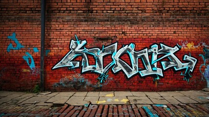 red brick wall with grungy texture and graffiti for ba background