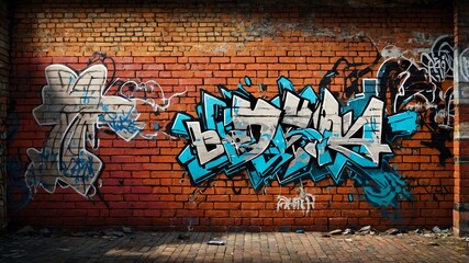 Fototapeta premium red brick wall with grungy texture and graffiti for ba background