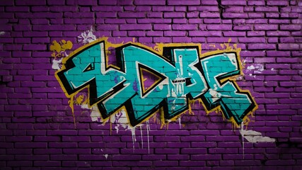 purple brick wall with grungy texture and graffiti for background