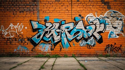 orange brick wall with grungy texture and graffiti for background