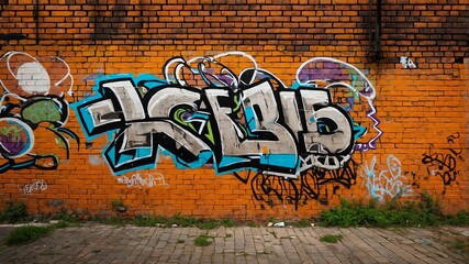 orange brick wall with grungy texture and graffiti for background