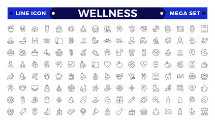 Set of outline icons related to wellness, wellbeing, mental health, healthcare, cosmetics, spa, medical, massage, yoga, spa, relaxation,  exercise, diet,. Outline icon collection. Wellness icon set.