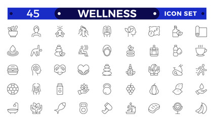 Set of outline icons related to wellness, wellbeing, mental health, healthcare, cosmetics, spa, medical, massage, yoga, spa, relaxation,  exercise, diet,. Outline icon collection. Wellness icon set.