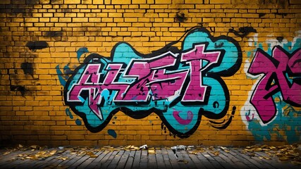 gold brick wall with grungy texture and graffiti for b background