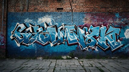 blue brick wall with grungy texture and graffiti for b background