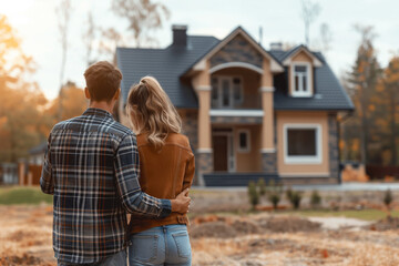Fototapeta premium Happy couple together standing in front of their new house ownership, modern residential area.