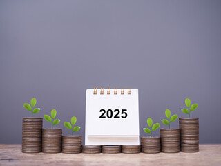 2025 desk calendar, Plants growing up on stack of coins. The concept of business growth, Financial...