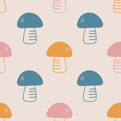 Colorful Mushrooms Cute Childish Seamless Pattern. Pastel colored endless background with edible boletus. Gentle playful repeat vector illustration