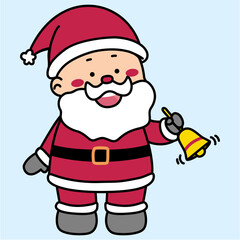 Christmas vector Illustration cartoon of santa ringing the yellow bell, isolated on light Blue background