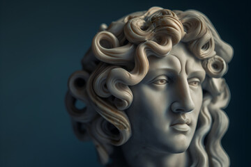 Classical Marble Statue with Curly Hair on Blue Background