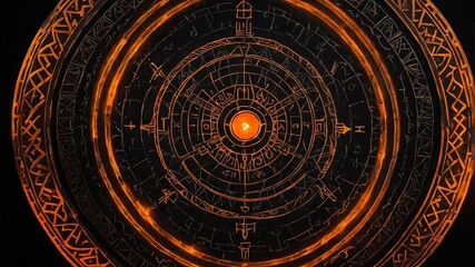 top view of an ancient runic magic circle with orange background