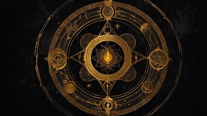 Obraz premium top view of an ancient alchemy magic circle with gold background