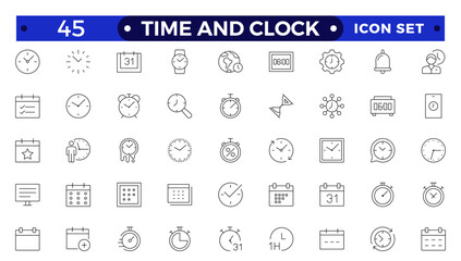 Time icon set. Timer, alarm, schedule, hourglass, clock icons. Outline time and clock  icon collection.