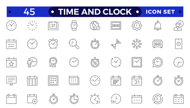 Time icon set. Timer, alarm, schedule, hourglass, clock icons. Outline time and clock  icon collection.