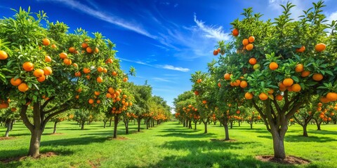 Fototapeta premium Vibrant orange trees laden with juicy orbs stretch towards clear blue sky amidst lush green foliage on a sun-kissed citrus fruit farm landscape.