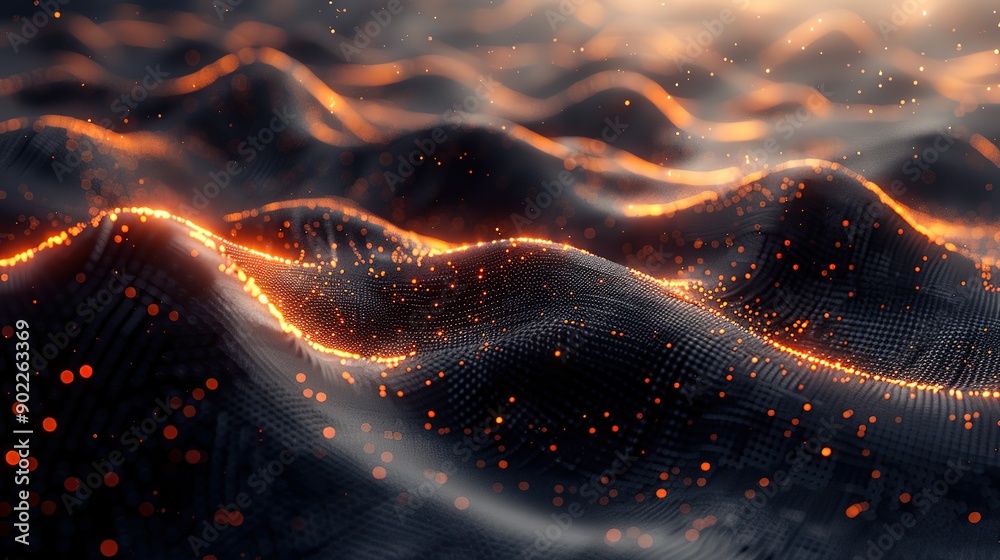 Fototapete high-resolution abstract design featuring black background with orange wave pattern on mountain land