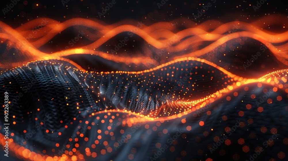 Fototapete high-resolution abstract design featuring black background with orange wave pattern on mountain land