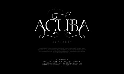 Acuba swash luxury elegant alphabet letters and numbers. Vintage wedding typography classic serif font decorative vintage retro. creative vector illustration