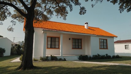 single aesthetic white house with orange roof background