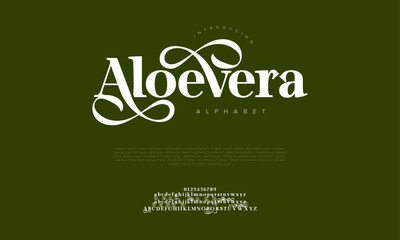 Aloevera swash luxury elegant alphabet letters and numbers. Vintage wedding typography classic serif font decorative vintage retro. creative vector illustration