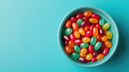 Colorful jelly beans on turquoise background in a bowl flat lay Room for text