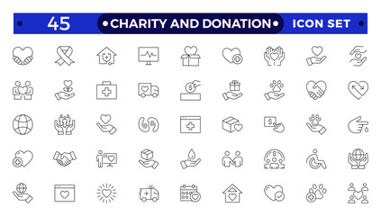 charity and donation icon set. Charity and Volunteering thin line style of philanthropic icons: almsgiving, helping those in need, donation, contribution, humanism, altruism
