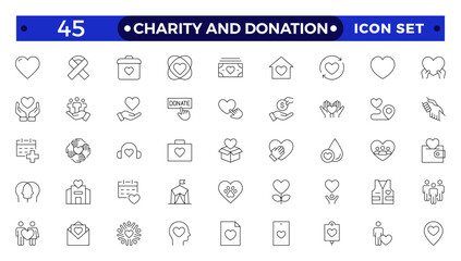 charity and donation icon set. Charity and Volunteering thin line style of philanthropic icons: almsgiving, helping those in need, donation, contribution, humanism, altruism