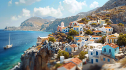 Naklejka premium Charming coastal village on a Greek island with colorful houses, picturesque landscapes, and a serene seaside view.