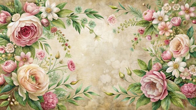 Elegant beige, pink, and green Renaissance-inspired floral flowers illustration on vintage rustic background, perfect for wedding invitation, junk journal, or upscale stationery design.