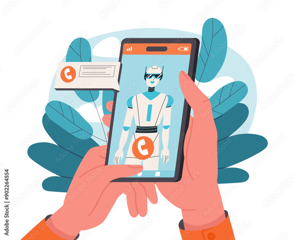 Poster ai in smartphone. artificial intelligence and machine learning. application with internet bot. virtu