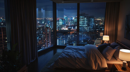 A Realistic Night View from a Penthouse Bedroom