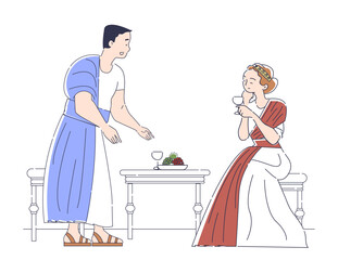 Ancient rome people. Man and woman in medieval tunics drink wine and eat grapes. Old civilization government. Roman and Greek culture. Linear vector illustration isolated on white background